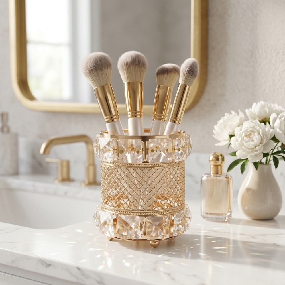 Luxury Skincare And Makeup Brands - Altın Makyaj Fırçası Tutucu Düzenleyici Kristal